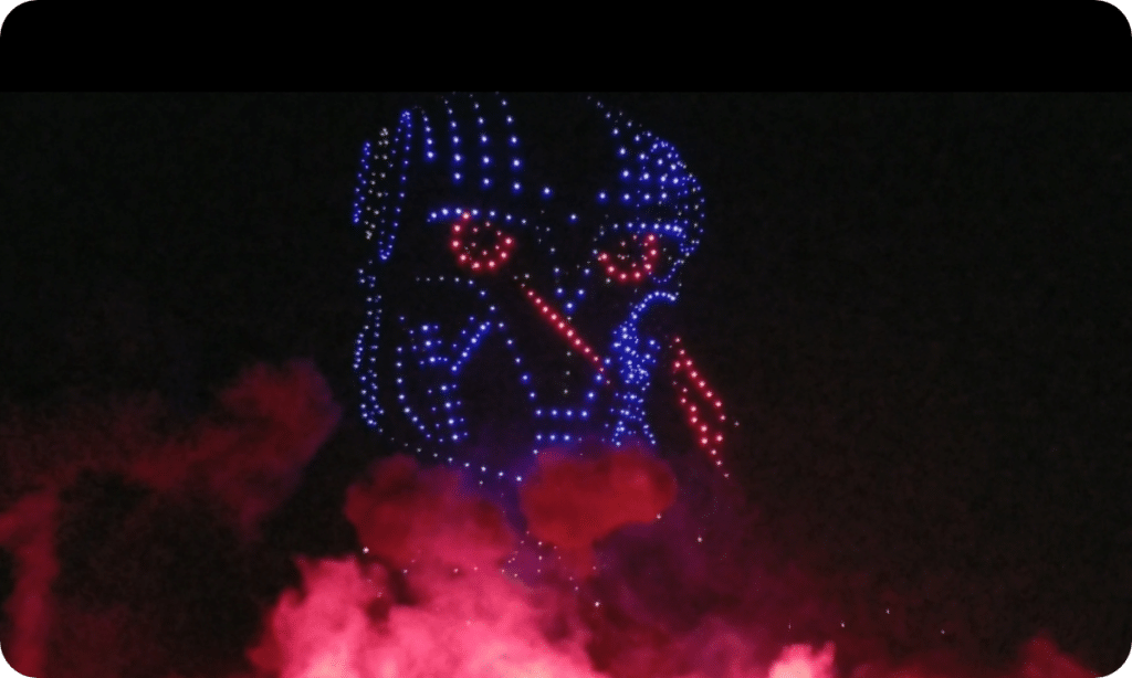 Darth Vader drone light show with red smoke