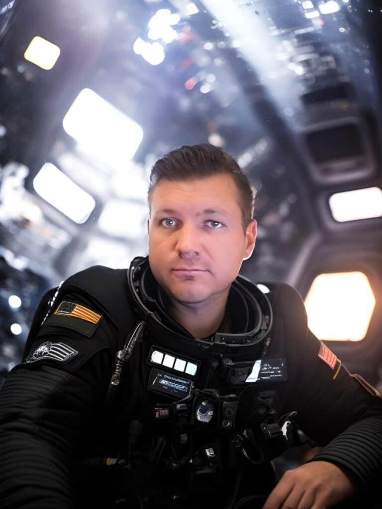 Astronaut in space suit inside spacecraft cabin