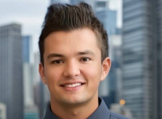 Young man smiling with cityscape background
