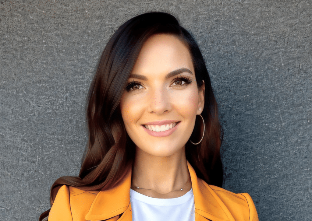 Smiling woman in orange blazer against gray background